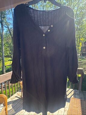 Black Long-Sleeve Henley Button-Front Casual Shirt